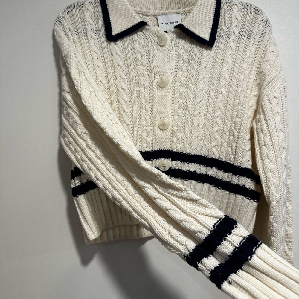 NWT Pink Rose Preppy Cream & Navy  Cable Knit Collared Cardigan. Ribbed Hem. S - Picture 12 of 16